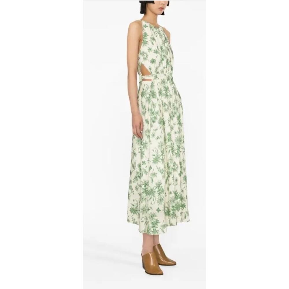 Sandro Maxi Dress Annecy Linen Green Floral Print Sleeveless Cut Out Sides sz 6 - Picture 2 of 10